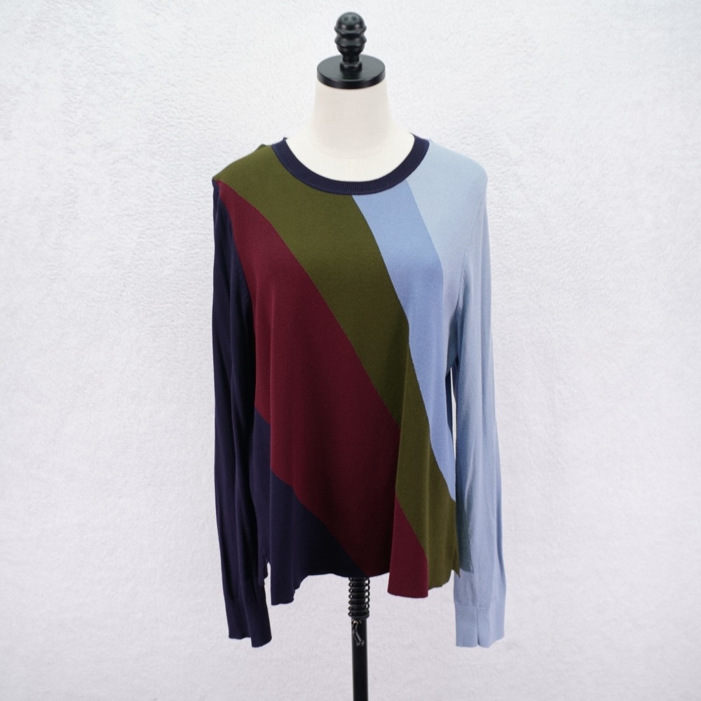 Ann Taylor XL Crew Neck Knit Sweater Colorblock Striped Blue Green Red‎ Viscose